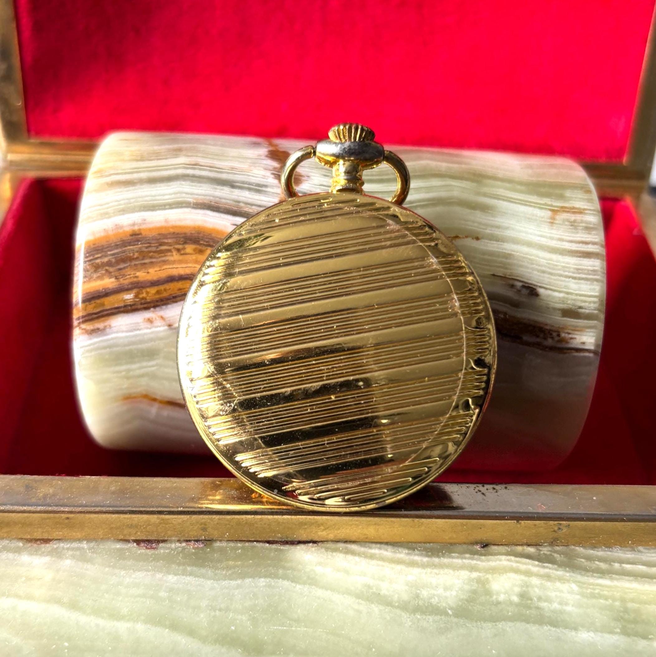 Vintage Gold Tone Quartz Pocket Watch White Dial Traditional Gentleman Style
