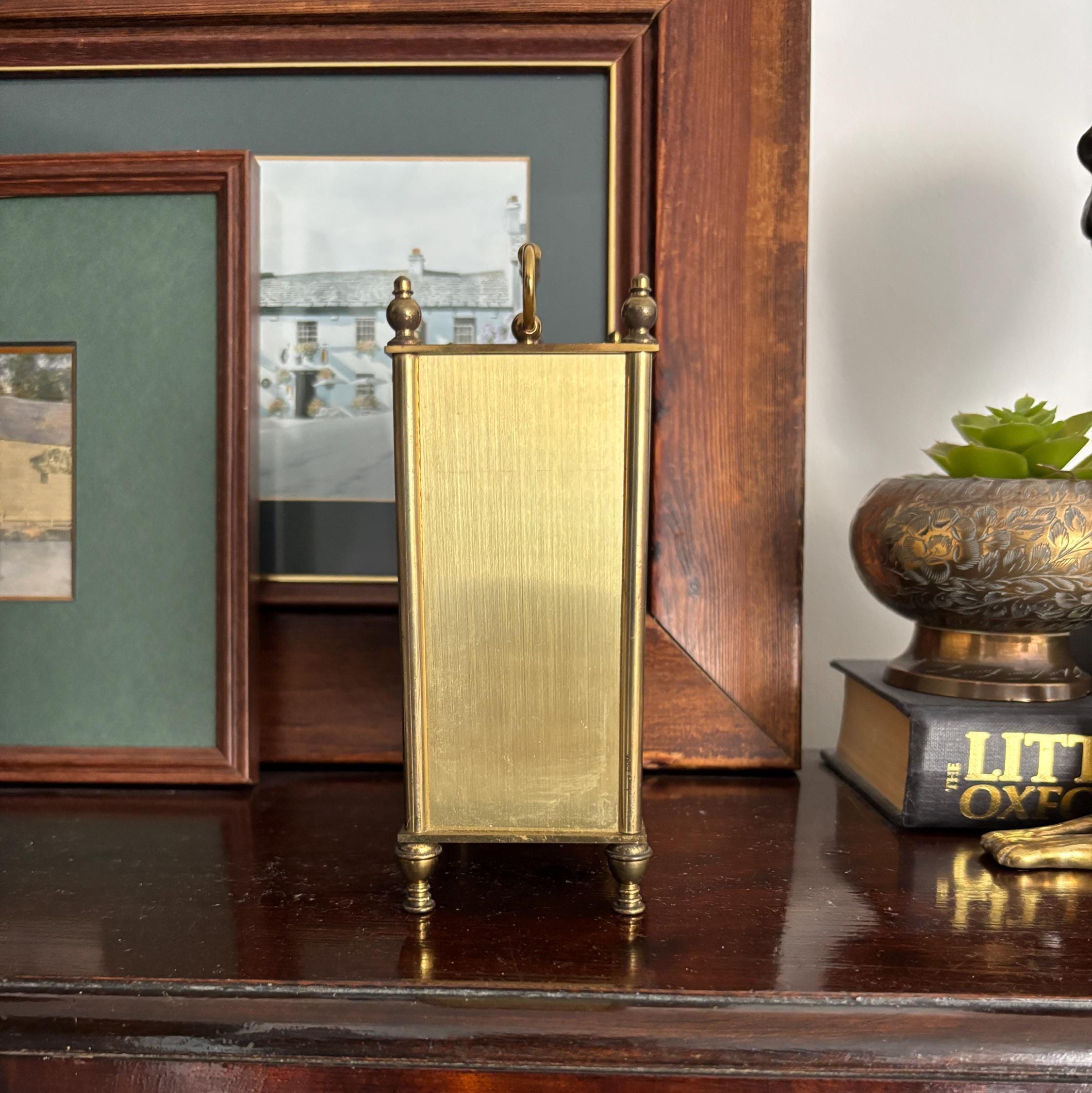 Vintage Estyma Carriage Clock: West Germany Quartz, Faux Burr Wood Brass Mantel Desk Clock