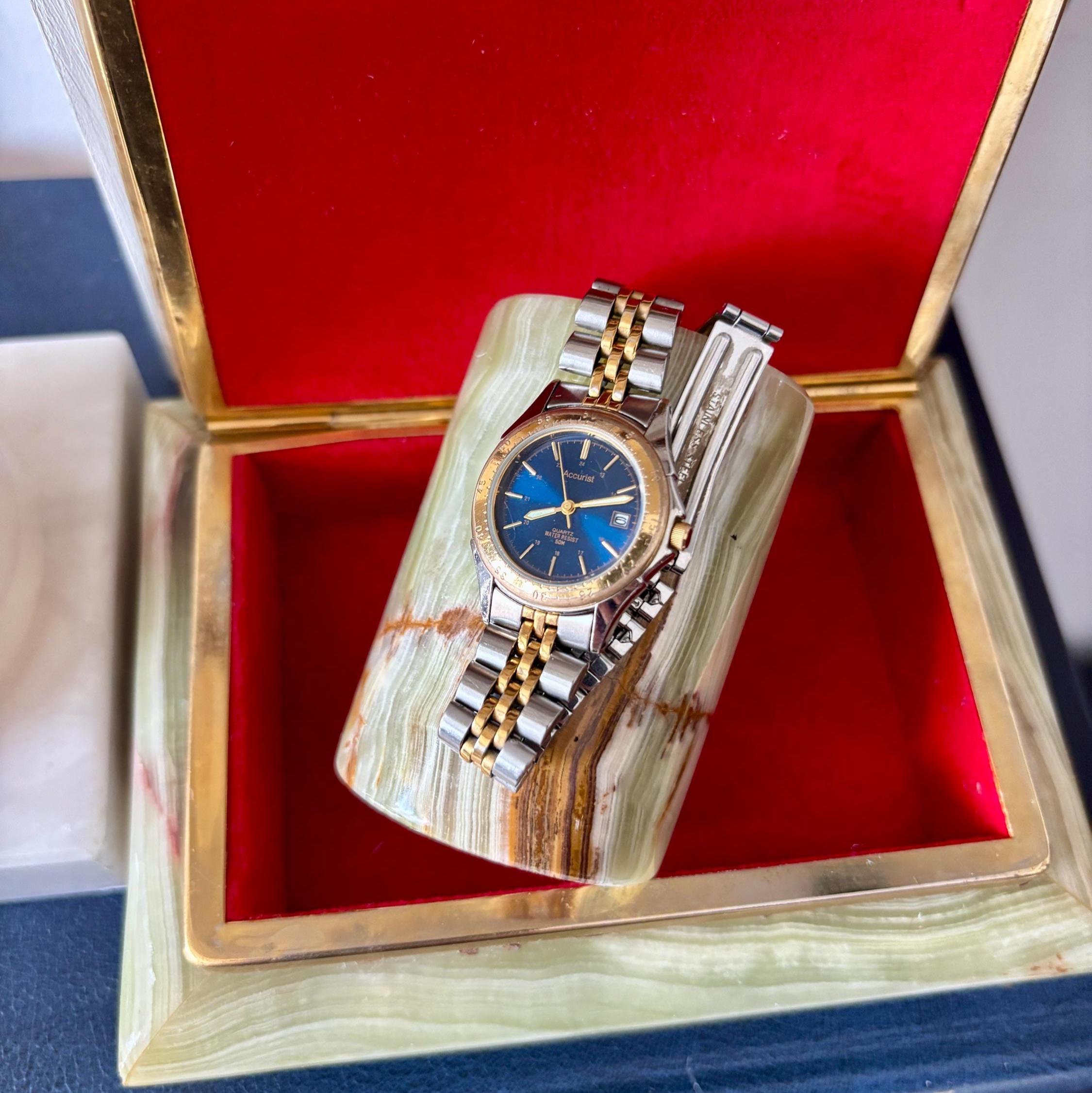 Vintage Accurist Ladies Quartz Watch Blue Dial Two Tone Bracelet Japan