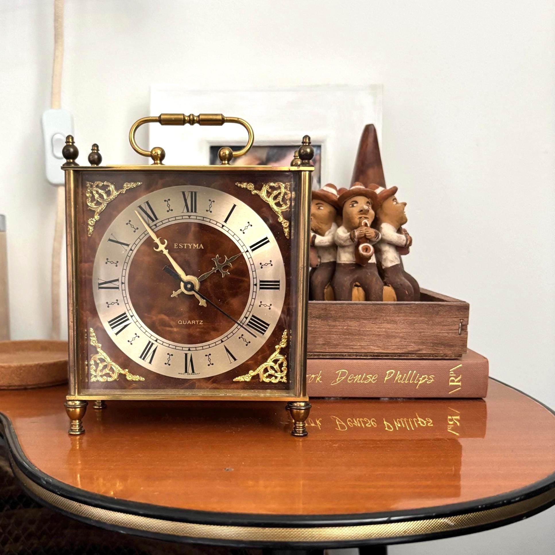 Vintage Estyma Carriage Clock: West Germany Quartz, Faux Burr Wood Brass Mantel Desk Clock