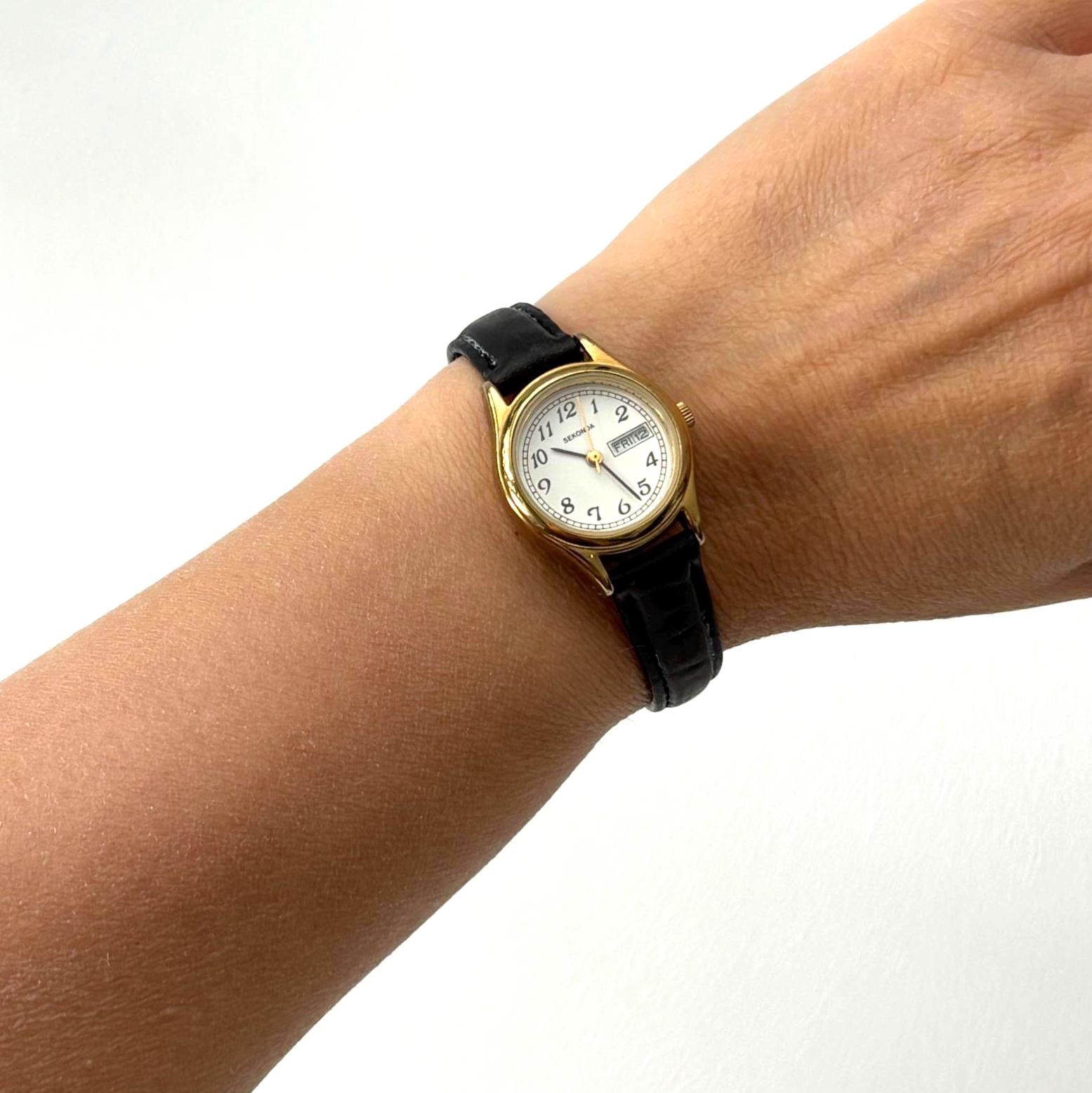 Vintage Sekonda Ladies Day Date Watch Gold Tone Quartz Wristwatch Working