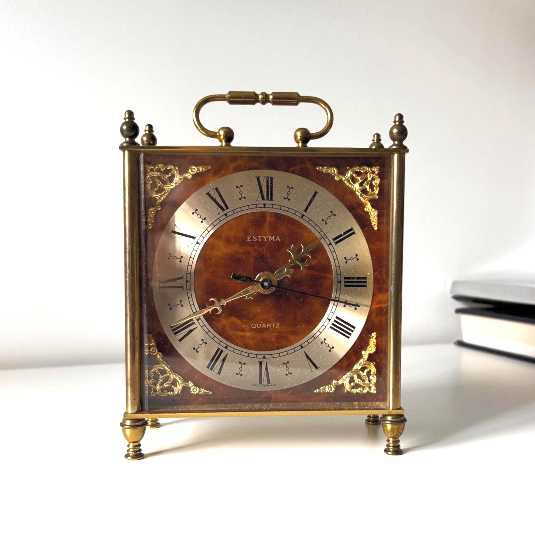 Vintage Estyma Carriage Clock: West Germany Quartz, Faux Burr Wood Brass Mantel Desk Clock