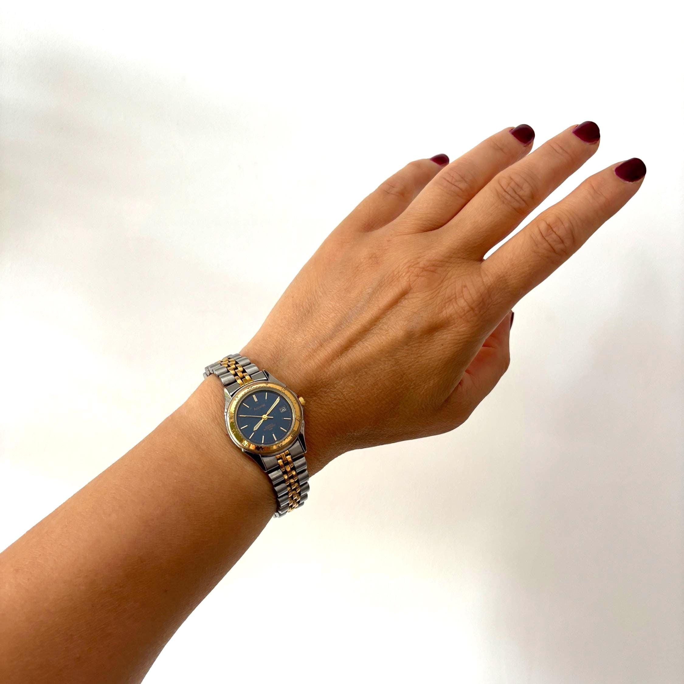Vintage Accurist Ladies Quartz Watch Blue Dial Two Tone Bracelet Japan