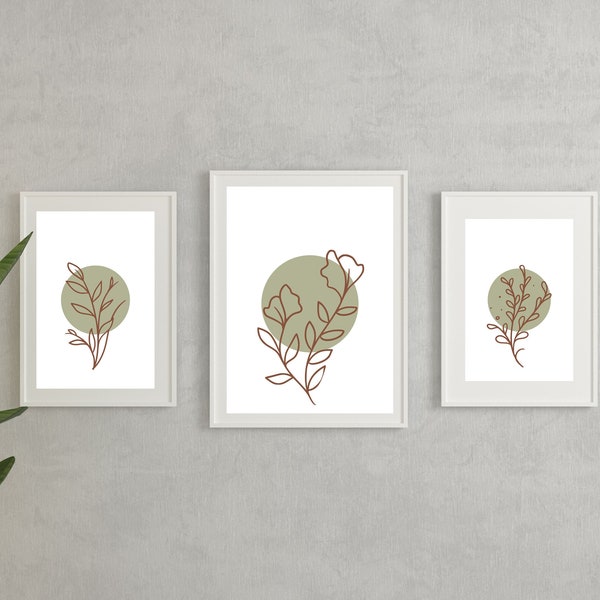 Boho Natural Elements Botanical line art, Set of 3 Neutral Digital Prints, geometric wildflower, earth tones wall art, abstract earth tones