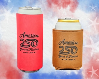 Enfriador de latas de cuero sintético grabado con láser del 250 aniversario de Estados Unidos, enfriador de latas patriótico de la libertad.