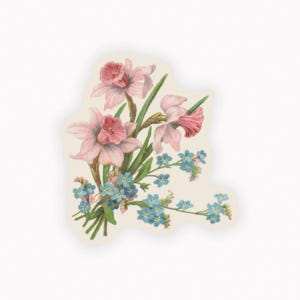May include: A sticker featuring a vintage illustration of pink daffodils and blue forget-me-nots. The flowers are arranged in a bouquet with green stems and leaves, set against a cream-colored background.