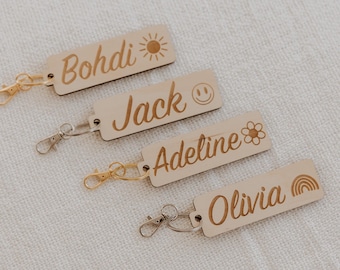 Bag Tag Name Keyring - Engraved Wood, Back to School, kids bag tag, backpack tag, Personalised Keyring