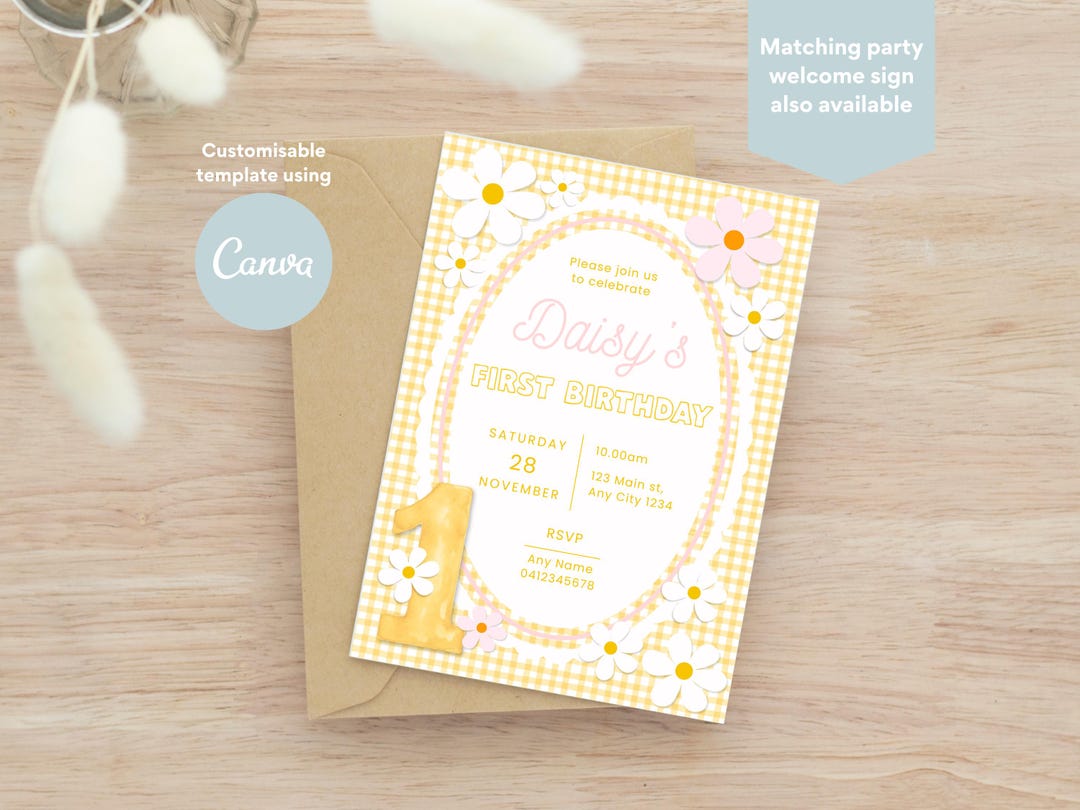 Daisy Yellow and Pink First Birthday Invitation, Daisy Birthday Party ...
