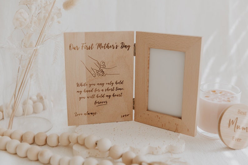 Our first Mother’s Day folding book style photo frame engraved personalised holding hands