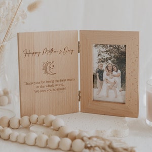 Happy Mother’s Day folding book style photo frame engraved personalised birch moon and stars