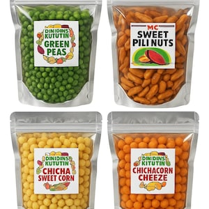 May include: Four clear plastic bags filled with different snacks. The bags contain green peas, sweet pili nuts, sweet corn, and cheese-flavored chichacorn. Each bag has a label with the product name and brand.