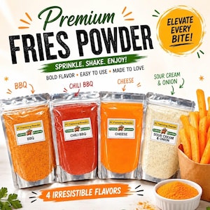 May include: Four clear pouches of Premium Fries Powder in BBQ, Chili BBQ, Cheese, and Sour Cream & Onion flavors. Each label features the PC Flavoring Powder logo. A small bowl of orange seasoning and a paper cone of fries are visible nearby.