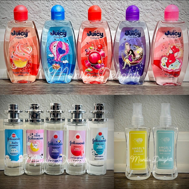 May include: Assortment of six colorful cologne bottles with various cartoon characters and the word "Juicy" on the front.  Also, six clear glass bottles of Johnson's baby powder with different scents.  Two yellow and blue spray bottles with the words "Angel's Smile" and "Angel's Breath".