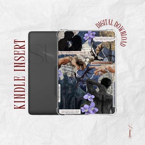 May include: A Kindle insert with a collage design. The design includes silhouettes of people, a castle, and text fragments. The color palette features shades of blue, purple, and beige. The words "DIGITAL DOWNLOAD" are in a circular design.