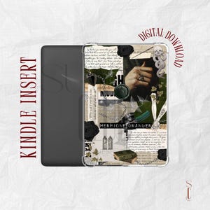 May include: A digital download for a Kindle insert featuring a collage of images with a green, black, and white colour scheme. The collage includes text, chains, a snake, and a hand with a ring. The text includes "Hermione Granger" and "Why will I ever lie to her, when she's all of my world."