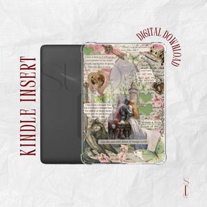 Op de afbeelding: Kindle-inzetstuk met een romantisch collage-ontwerp, inclusief een kasteel, vlinders en bloemmotieven. De transparante hoes heeft de woorden "DIGITALE DOWNLOAD" en "KINDLE INSERT" erop gedrukt.