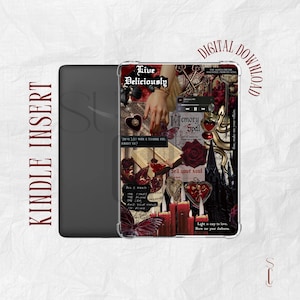 Pode incluir: Inserção para Kindle com um design de colagem gótica. O design inclui uma mão, chaves, rosas, borboletas e texto que diz "Live Deliciously" e "Memory Spell". Download digital.