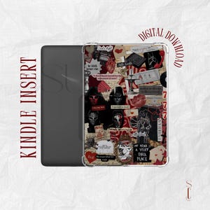 May include: Kindle insert with a collage design. The design features a mix of red, black, and white elements, including masks, hearts, and text. The words "DIGITAL DOWNLOAD" are in the upper right corner. The words "KINDLE INSERT" are on the left side.