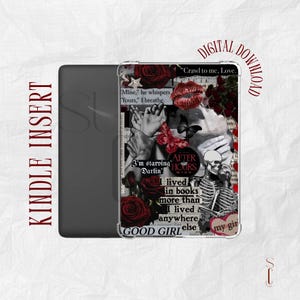 Könnte beinhalten: Ein Kindle-Insert mit einem Collage-Design. Das Design umfasst rote Rosen, Schmetterlinge und Textfragmente. Der Text enthält Sätze wie "Crawl to me, Love" und "Good Girl".