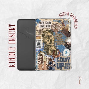 May include: Kindle insert with a collage design featuring a cowboy and cowgirl, playing cards, and a disco ball. The text "She's Kinda Buck Wild" and "Giddy Up Cow Boy" are visible. The words "Digital Download" are also present.