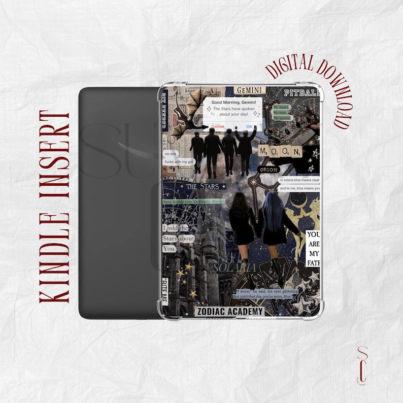 May include: A Kindle insert with a collage design. The design includes text such as "GEMINI", "THE STARS", and "ZODIAC ACADEMY". The insert has a clear case with a black Kindle device on the left.