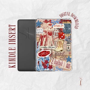 May include: Kindle insert with a collage design featuring cowboy boots, dice, and the words "cowboy like me" and "Cowboy Romance." The design includes red, blue, and white elements, with the text "Digital Download."
