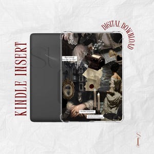May include: Kindle insert featuring a collage of vintage imagery in grayscale, including a typewriter, architectural elements, and a woman in a period dress. The words "Digital Download" and "Kindle Insert" are visible.