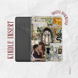 Può includere: Inserto per Kindle con custodia trasparente. Il design è un collage con illustrazioni di farfalle, una finestra gotica, una coppia e testo. Le parole "DIGITAL DOWNLOAD" sono stampate in alto a destra.