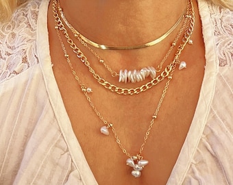 Gold Chain Faux Pearl Layered Necklace Set, Bridal Jewelry