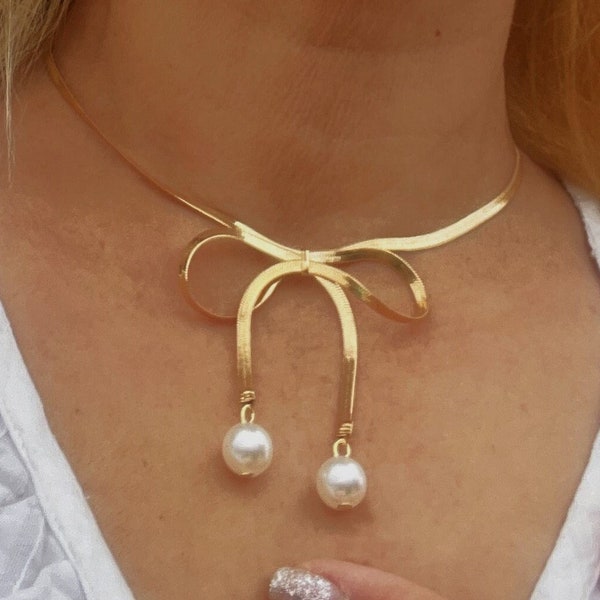 Gorgeous Pearl Bow Necklace| Pearl Ball Necklace| Gold Bow Necklace| Gold Bow| Pearl Ball| Bow Necklace for Her