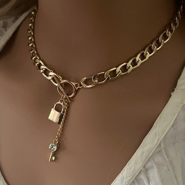 Chunky Curb Chain Lock and Key Toggle Necklace| Rhinestone Key and Lock Silver/Gold Chain Necklace| Punk Thick Chain Necklace