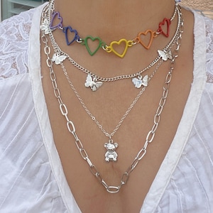 4 Pcs Layered Silver Colored Hearts and Butterfly Pendant Necklace| Boho Link Chain Choker Necklace |Heart &Butterfly Necklace| Gift for Her