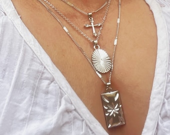 Silver Layered Necklace Set: Cross & Geometric Pendants