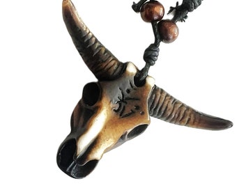 Tribal Bull Skull Pendant Necklace | Adjustable Ox Rope