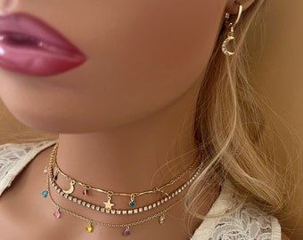Ensemble de collier à franges et boucles d'oreilles étoile-lune|Collier multi-niveaux de perles tendance et boucles d'oreilles étoile-lune| Cadeau collier et boucles d'oreilles en or pour elle