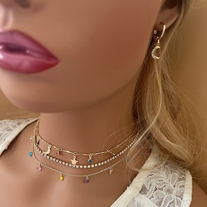 Star-moon Fringe Necklace Set w/Earrings|Fashion Beaded Multi-layered Necklace &Moon- Star Earrings| Gold Necklace and Earrings Gift for Her