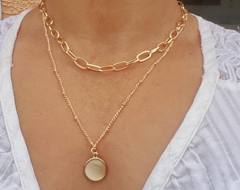 Gold Layering Necklace Set: Enamel Pendant, Paperclip Chain