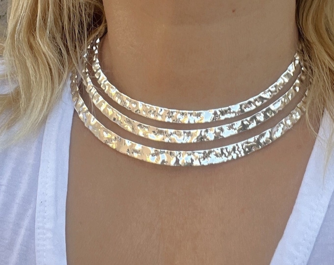 Textured Metal Layered Collar Neck Ring Silver Collar/choker 925 S