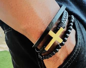 Geflochtenes Lederarmband Mit Kreuz, Männer Kreuz Armband, Geschenk Für