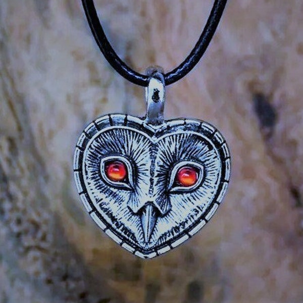 Silver Barn Owl Pendant/Necklace | Pewter Owl Necklace| Owl Head with Red Eyes Heart Pendant Necklace Graduation/Father's Day/Gift for him