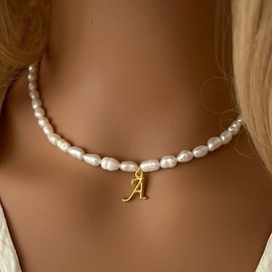 Personalized Freshwater Pearl Initial Bridal Necklace For Women|Letter Pearl Party, Wedding, Statement Choker|Mother&#39;s Day Pearl Choker|Hers