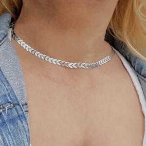 Unisex Gold Chevron Leaf Chain Link Necklace| Unisex Gold Chevron Leaf Chain Link Necklace| Silver Arrow Choker| Gold Chevron Necklace