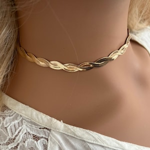 14 kt goud/zilver uniseks gevlochten ketting | Goud/zilveren slangenketting |Dubbele gedraaide visgraatketting | Gevlochten ketting