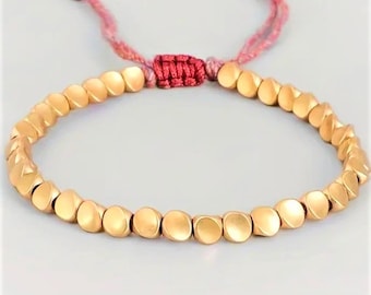 Tibetan Copper Beaded Bracelet: Braided Cotton Friendship Rope