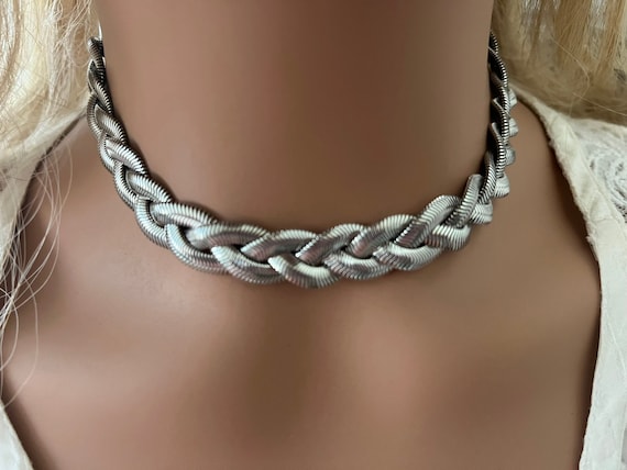 Chunky Braided Snake Bone Chain Choker, Silver Plated Necklace - Etsy