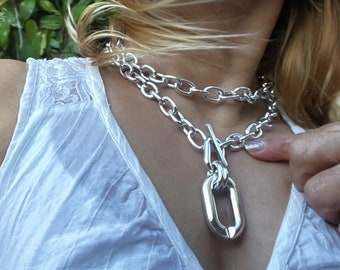 Chunky Toggle Chain Necklace Set, Silvery Punk Choker,  Chunky Lightweight Statement Chunky Curb Chain Charm Necklace, Gift for Her