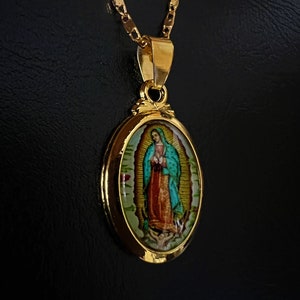 Virgin Mary Gold Pendant Necklace| Mens Church Prayer Necklace| Virgen de Guadalupe  Medal Necklace| Gold Lady of Guadalupe Religious Charm