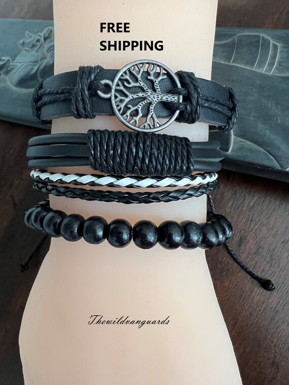 Bracelet En Corde Tressée Main - Cuir PU Noir - Unisexe - Cadeau Mode - Design Multicouche