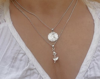 Silver Necklace Set: Coin Portrait & Rose Pendants, Layered Chains