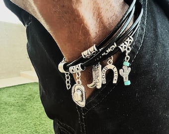 Western Leather Charm Bracelet: Cowboy Boot, Hat, Cactus